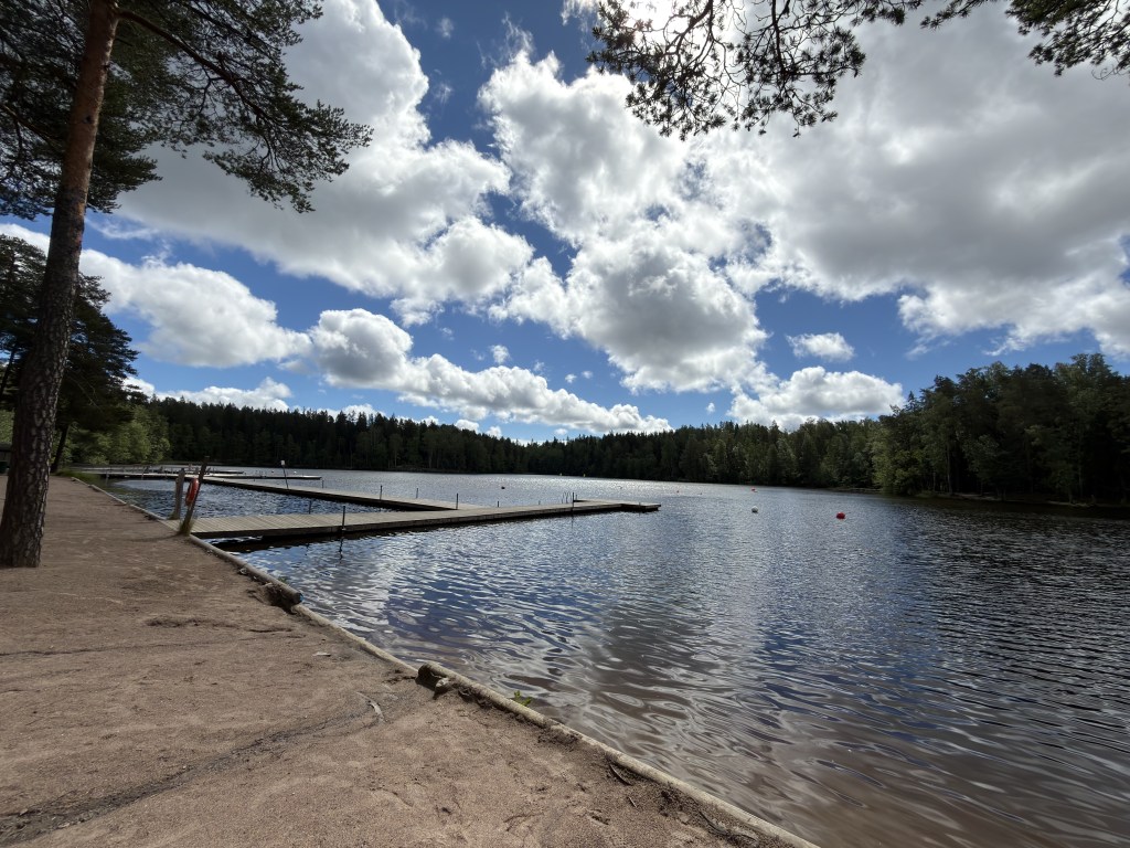 Scenic view of a tranquil lake with wooden docks, surrounded by lush green trees and a blue sky dotted with fluffy white clouds.